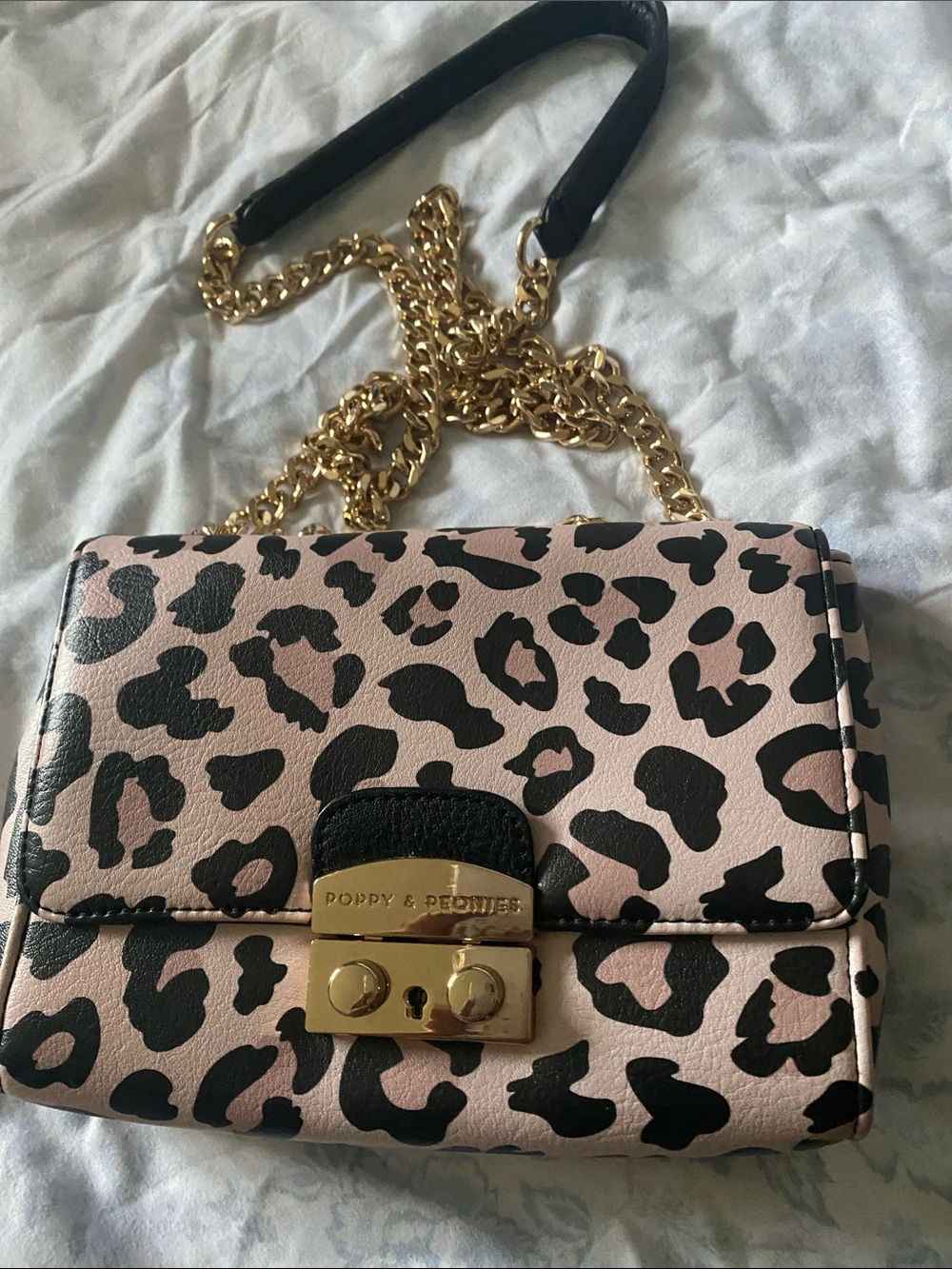 Poppy & Peonies Pink Leopard Print Crossbody with Gold Chain